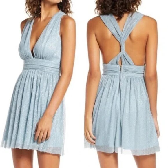 LULUS Women Ailey Skater Mini Dress Sz L Silver Blue Sleeveless Flared 53-25 - Picture 1 of 14